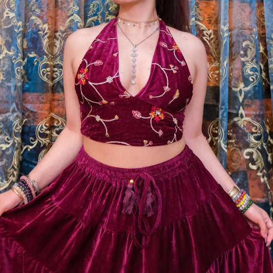 Embroidered Velvet Halter - Wine