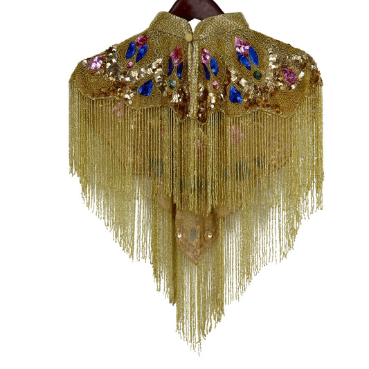 BEADED CAPE W/COLLAR  MULTI W/GOLD FRINGES