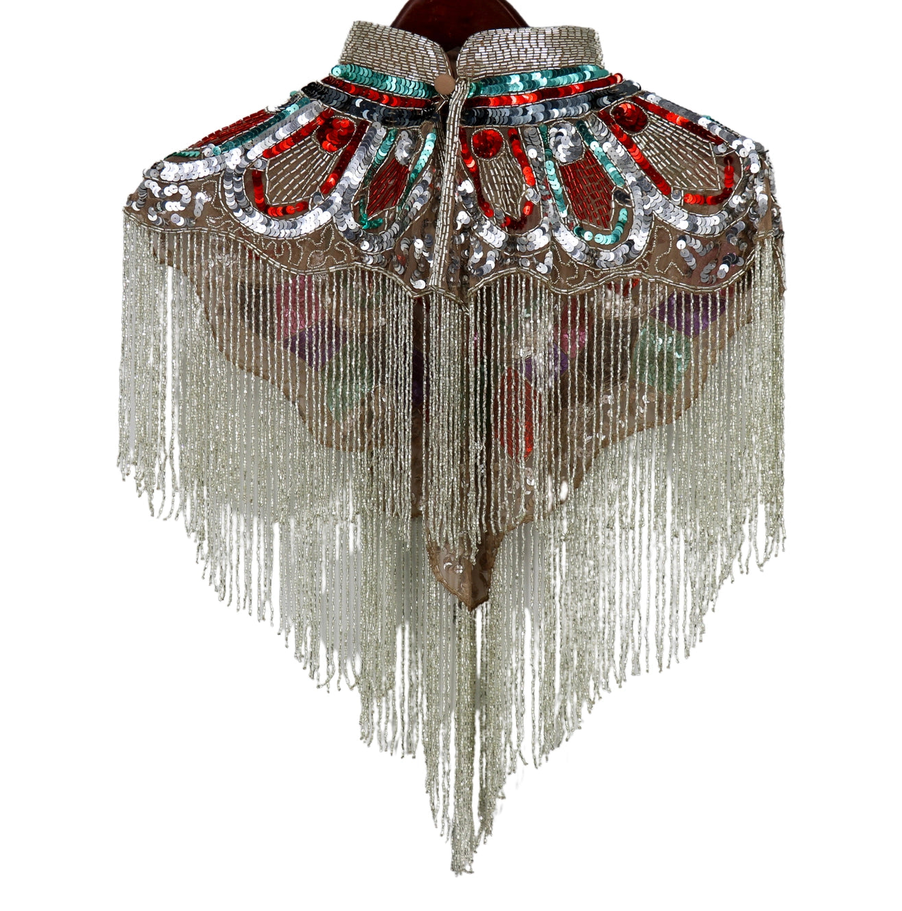 BEADED CAPE W/COLLAR  MULTI W/SILVER FRINGES
