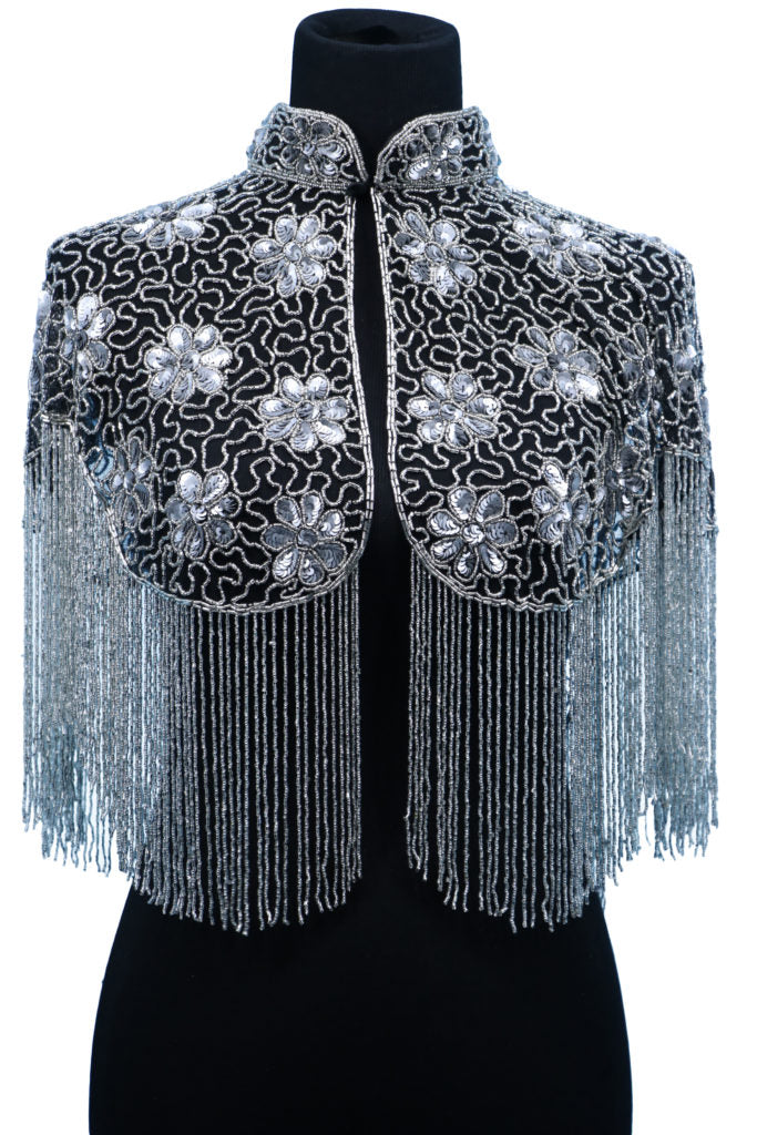 Beaded Shawl Silver Fringes with Collar