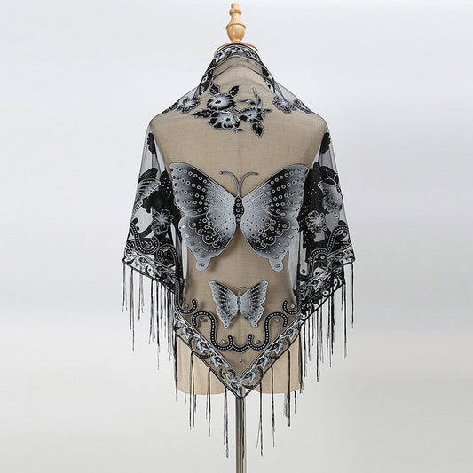 Lace Butterfly Embroidered Triangle Shawl - Black