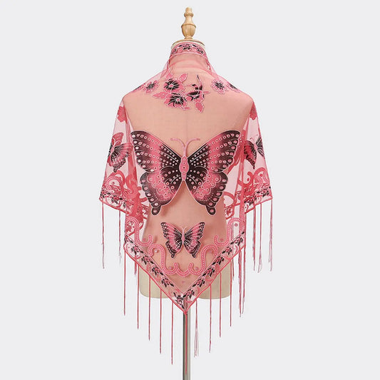 Lace Butterfly Embroidered Triangle Shawl - Dark Pink