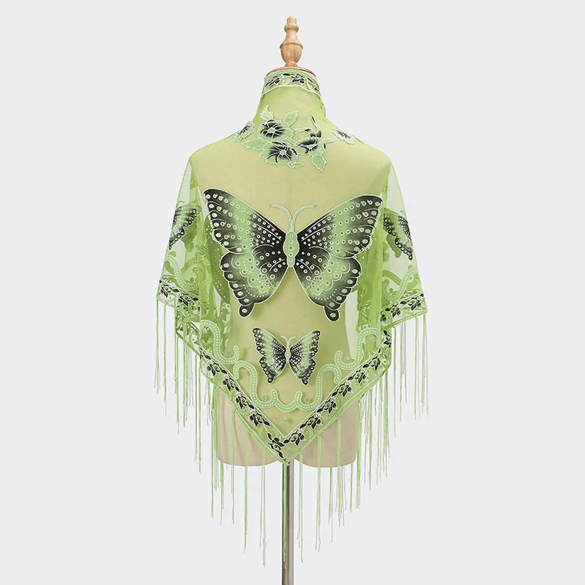 Lace Butterfly Embroidered Triangle Shawl - Green