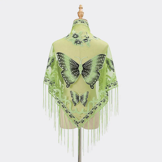 Lace Butterfly Embroidered Triangle Shawl - Green