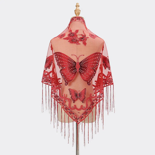 Lace Butterfly Embroidered Triangle Shawl - Red
