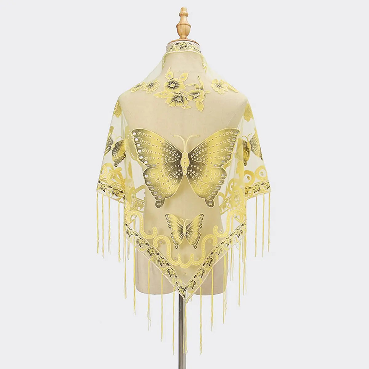 Lace Butterfly Embroidered Triangle Shawl - Yellow