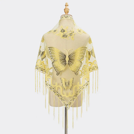 Lace Butterfly Embroidered Triangle Shawl - Yellow