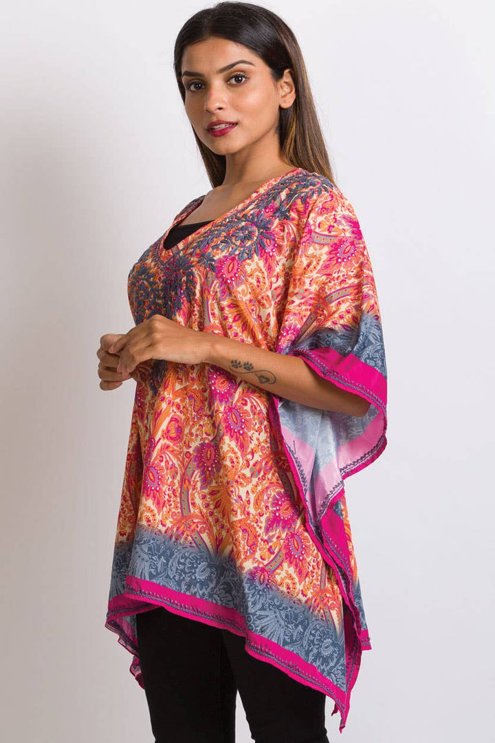 Demira Hand Embroidered Tops: Free Size 30" Length / Orange & Fuchsia - Kantha Bae