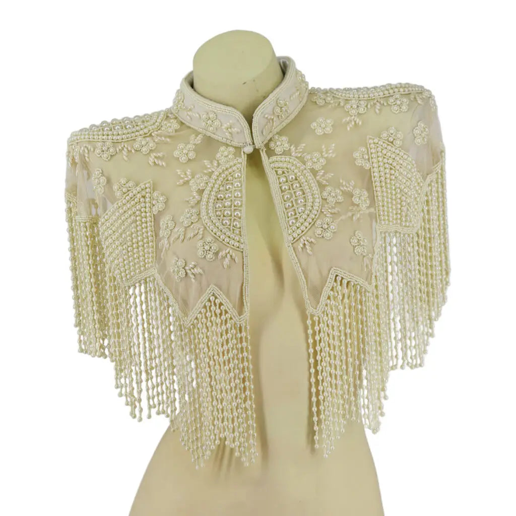 Beaded Shawl with Collar - Cream