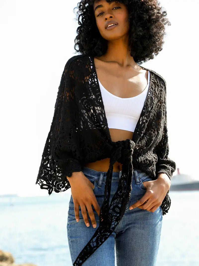 Crochet Kimono Wrap Black 0526 001