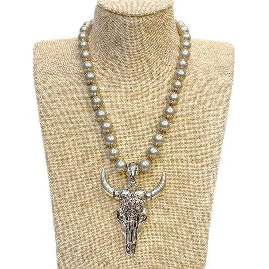 Long Horn Skull Pendant on Faux Navajo Pearl Necklace