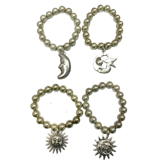Faux Navajo Pearl Bracelets with Silver Metal Charms: Moon Face