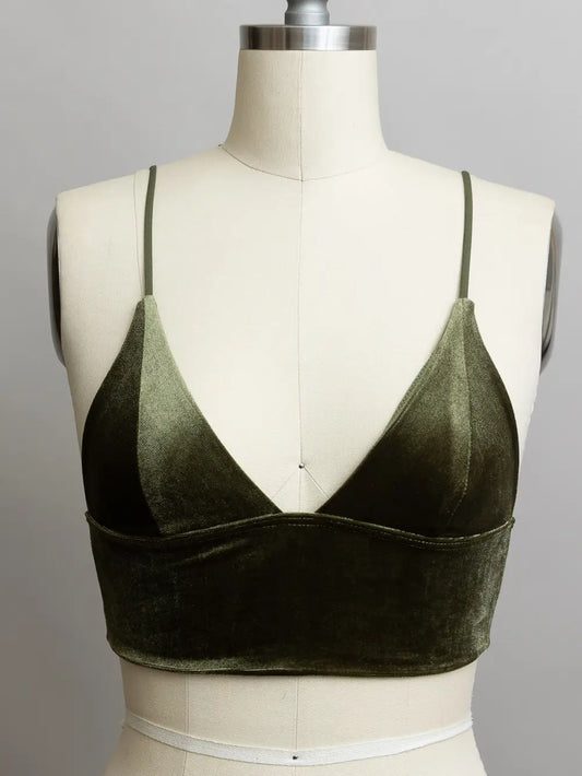 S Velvet Plunge Longline Bralette - Deep V-Neck Crop Top - Olive -009