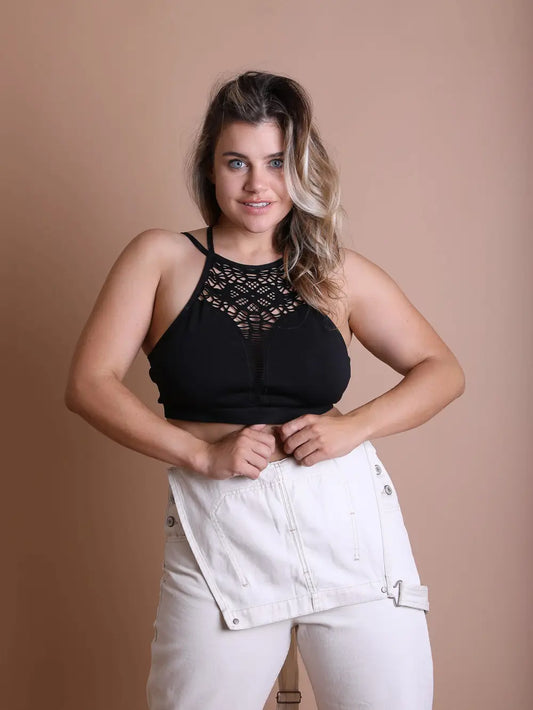 M/L High Neck Floral Cutout Seamless Crop Top - Black -006