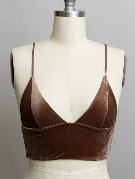 M Velvet Plunge Longline Bralette - Deep V-Neck Crop Top - Mocha -006