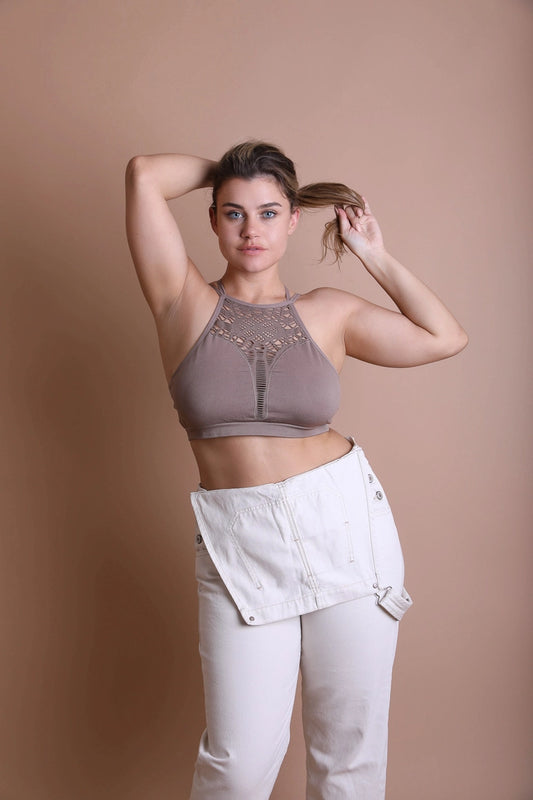 Floral Cutout Seamless Crop Top - Mocha 2X/3X -002