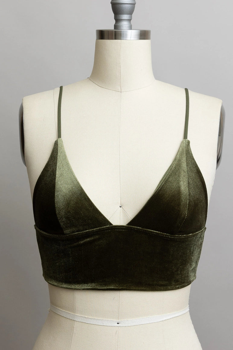 M Velvet Plunge Longline Bralette - Deep V-Neck Crop Top - Olive -008