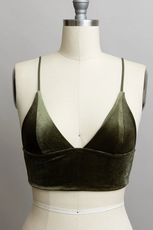 M Velvet Plunge Longline Bralette - Deep V-Neck Crop Top - Olive -008