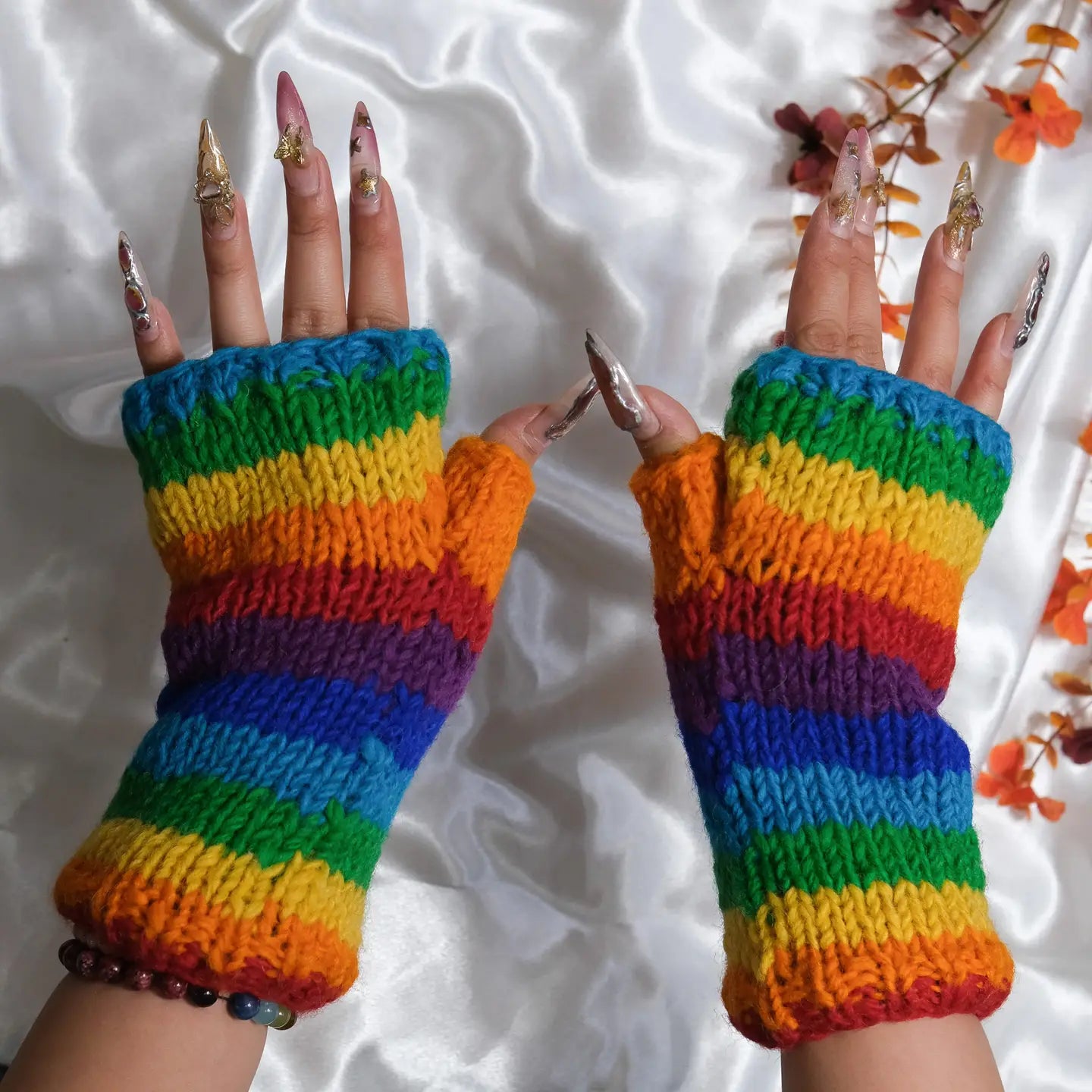 Knitted Fingerless Mittens - Rainbow