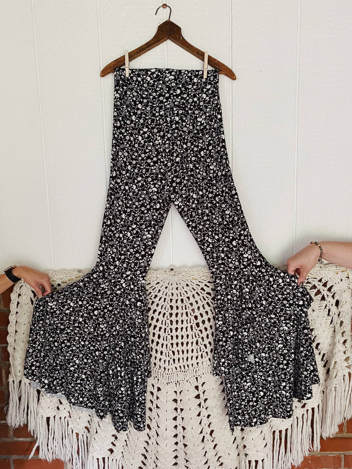 Buttery Knit Ruffle Bells in Black and White Floral - Kantha Bae