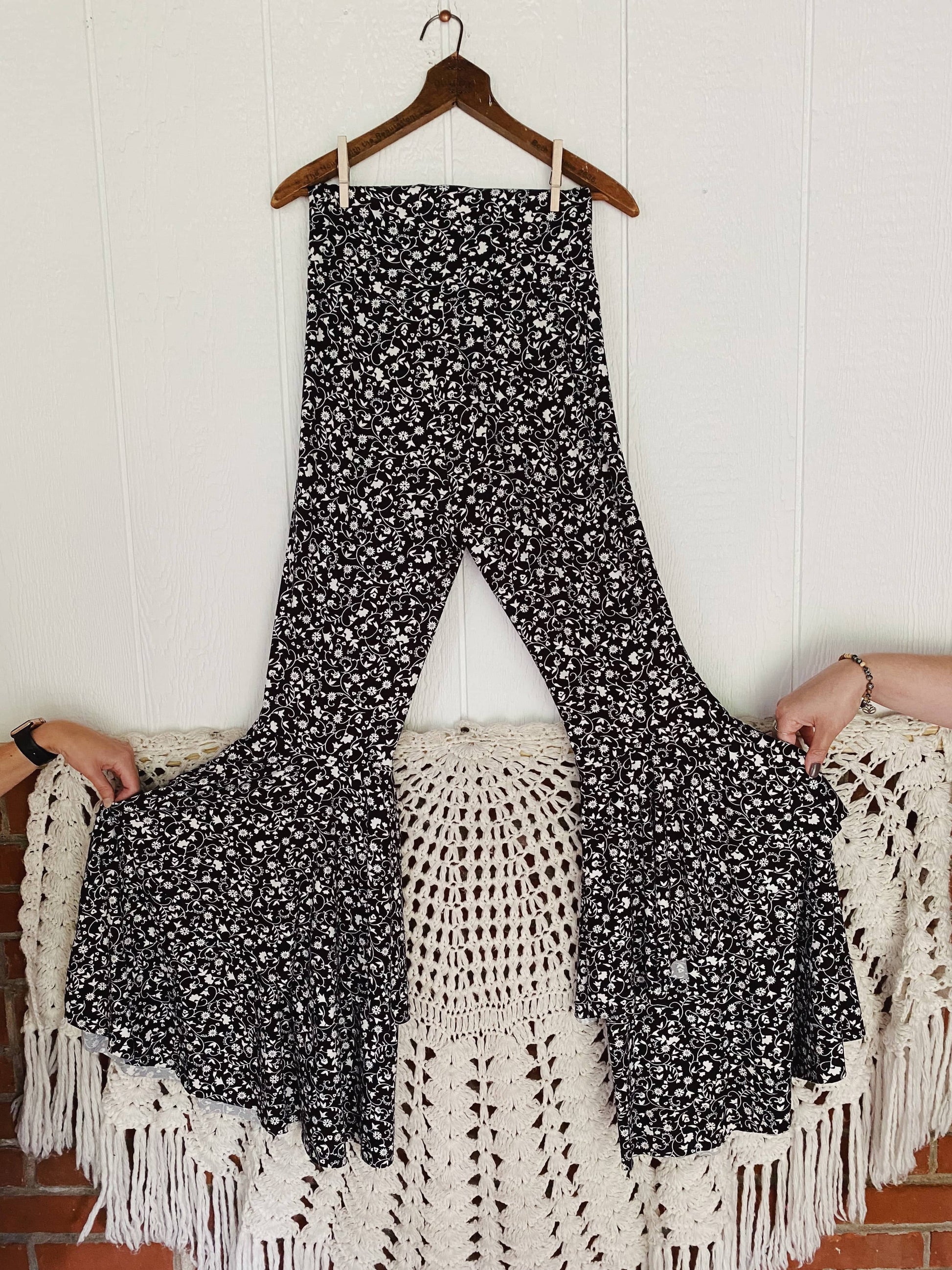 Buttery Knit Ruffle Bells in Black and White Floral - Kantha Bae