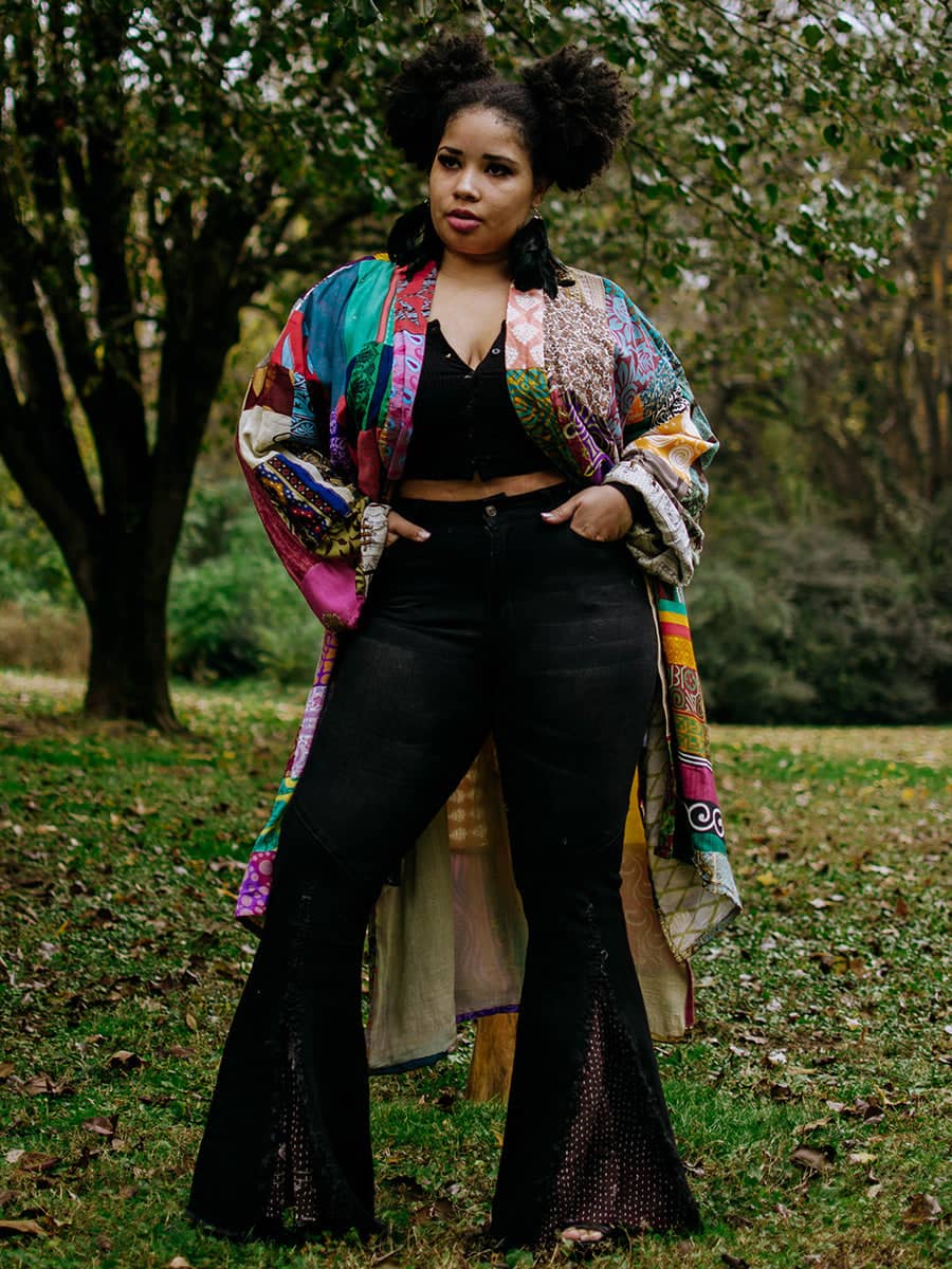Upcycled Black Denim Dorito Bell Bottom - Kantha Bae